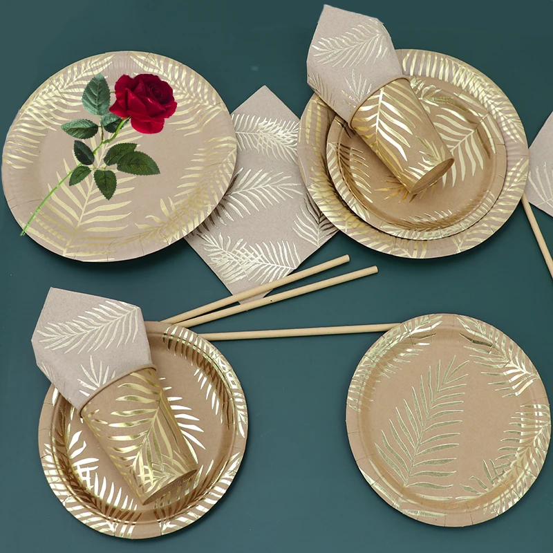Einweg Kraft Papier Geschirr Set Goldene Farbige Palm Blatt Muster Platte Tasse Papier Handtuch
