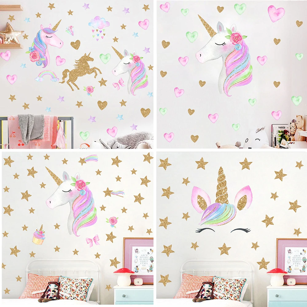 Cartoon Einhorn Pferd Stern Herz Form Muster Wand Aufkleber Für Kinder Zimmer Hause Dekoration Diy