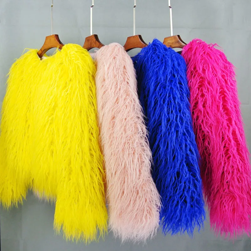 women's fur coat Colorful Furry Pink lamb wool faux fur coat female Shaggy sheepskin coat winter