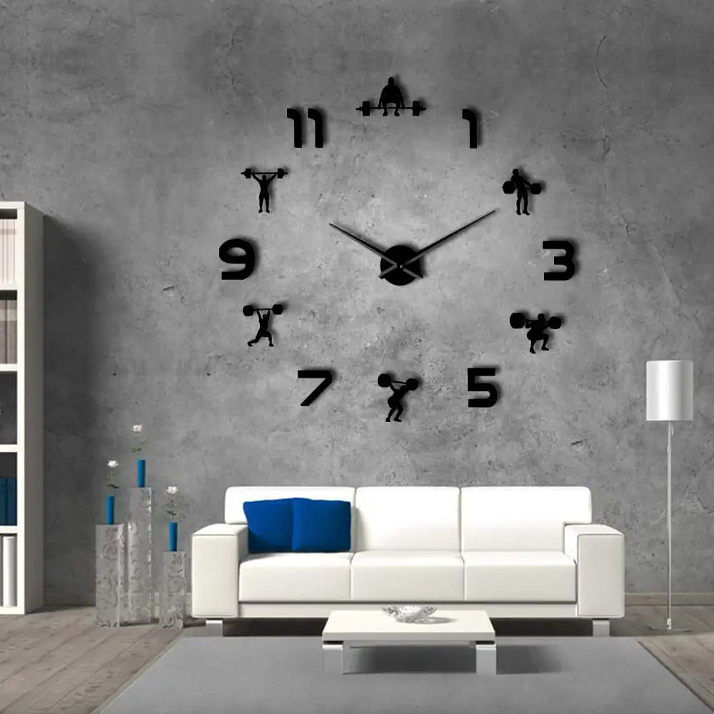 Gewichtheben Fitness Zimmer Wand Dekor DIY Riesen Stumm Wanduhr Spiegel Wirkung Powerlifting