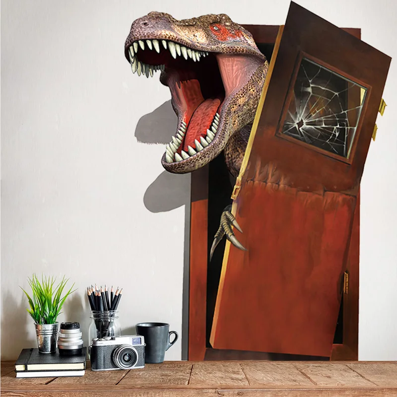 Dinosaurier Bricht Die Tür Kreative 3D Wand Aufkleber Wohnzimmer Schlafzimmer Dekoration Tapete