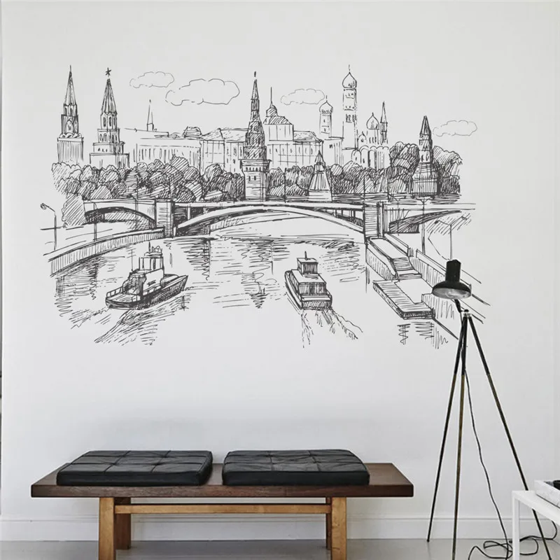 Skizze Stil Kremlin Moskau Fluss Landschaft Wand Aufkleber Für Home Dekoration Landschaft Wandbild