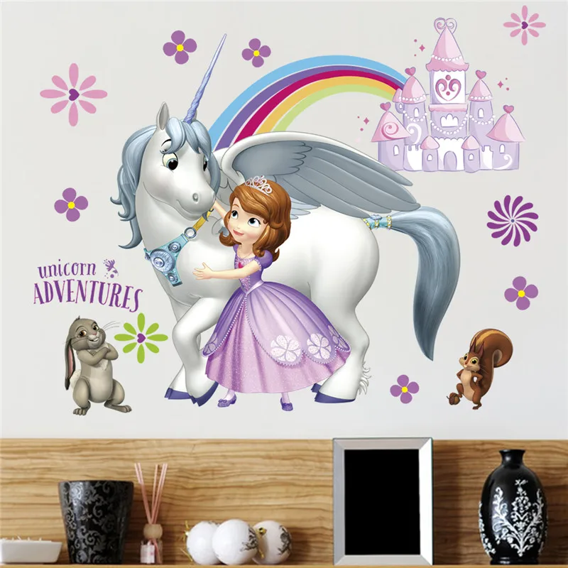 Nette Sofia Prinzessin Cartoon Einhorn Abenteuer Wand Aufkleber Für Kinder Zimmer Kinder Dekoration