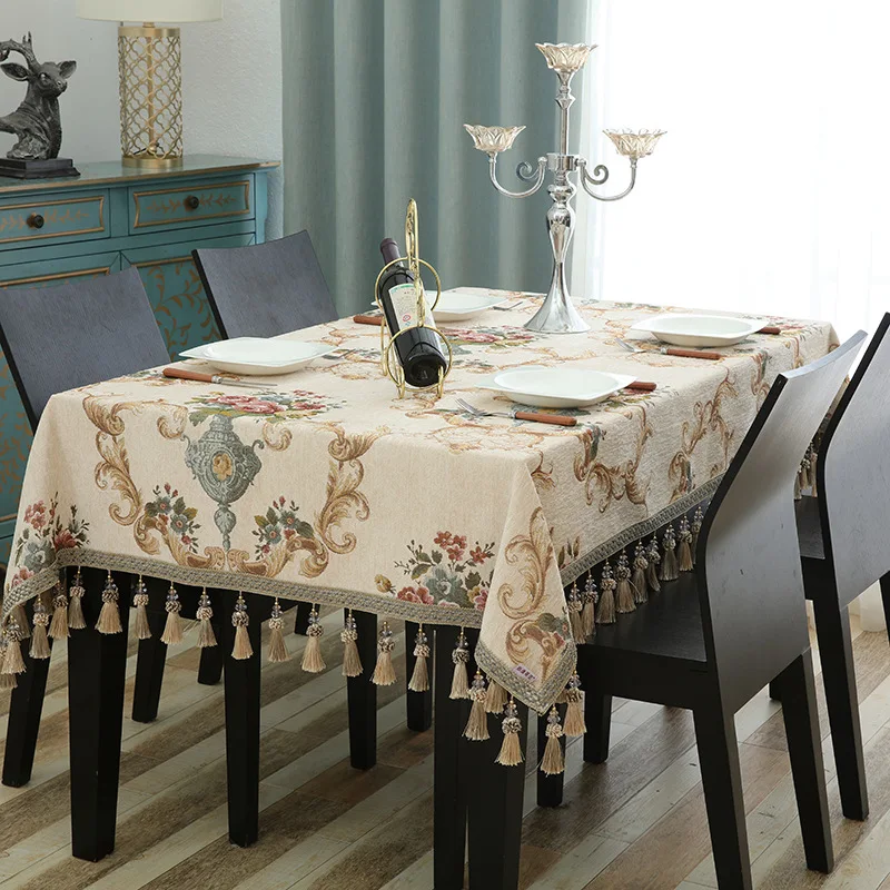 Luxuriöse Jacquard-Tischdecke mit Quasten-Anhänger, Chenille-Stoff, rechteckige Tischdecke,