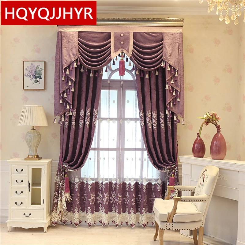 Europäische klassische elegante lila bestickt villa vorhänge für wohnzimmer mit hohe qualität Voile