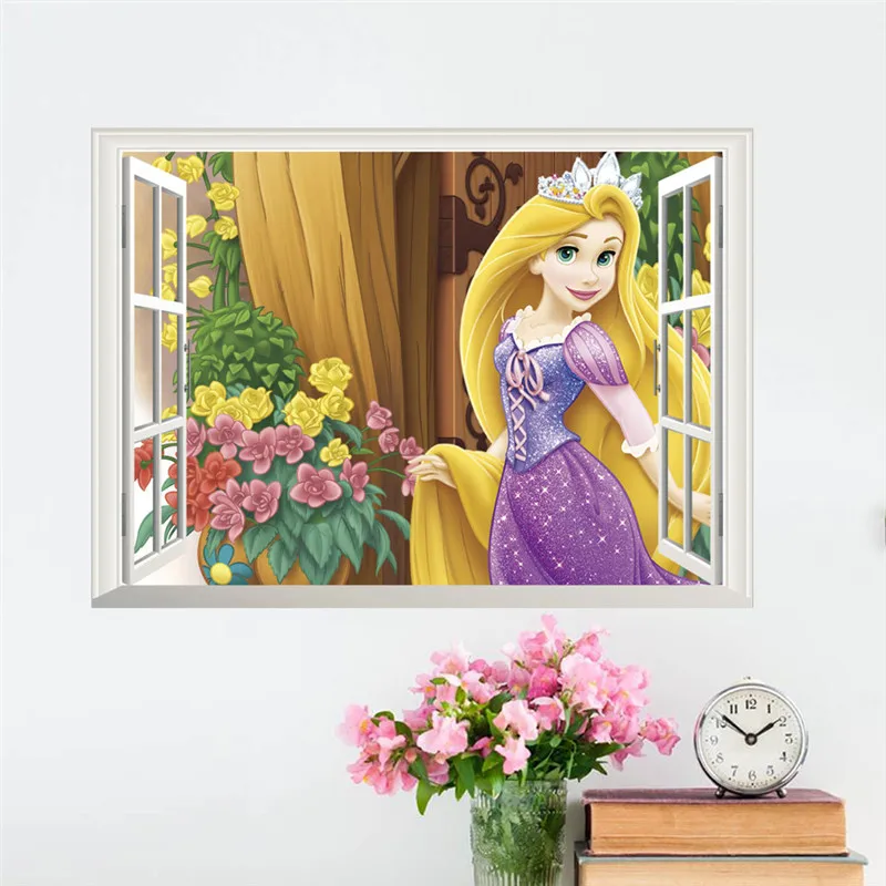 3D Lebendige Cartoon Prinzessin Blume Fenster Wand Aufkleber Für Wohnzimmer mädchen schlafzimmer