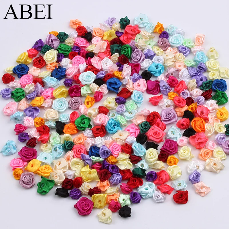 300 Stück 15 mm Mix Farbe kleine Rose Blume Mini handgemachtes Satinband Rosenkopf Hochzeit Scrapbooking Dekoration Kleidung Zub