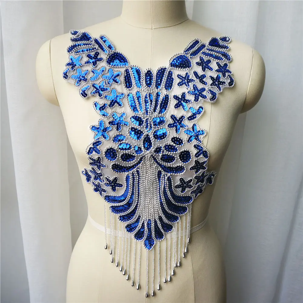Royal Blue Pailletten Spitze Stoff Perlen Quaste Hochzeit Kleid Appliques Kragen Barock Stickerei