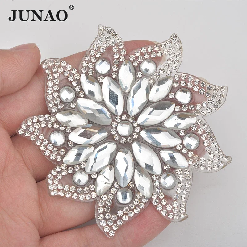 JUNAO 75mm Hotfix Klarglas Blume Strass Patches Eisen auf Kleidung Patch Kristall Applikation Strass