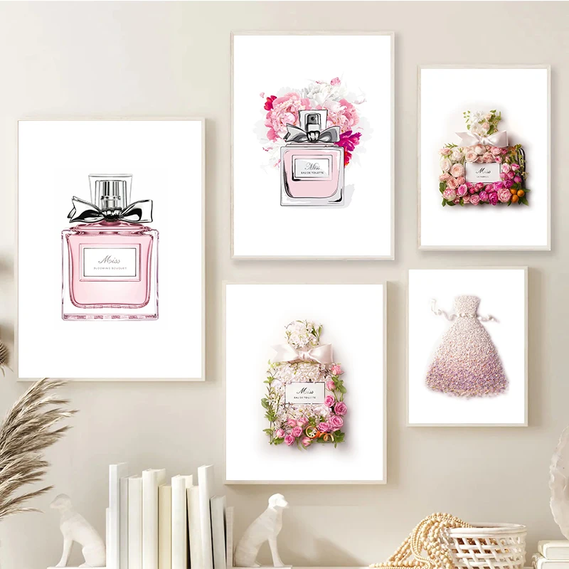 Mode Erröten Rosa Parfüm Blume Flasche Poster und Drucke Luxus Decor Fräulein Blooming Bouquet