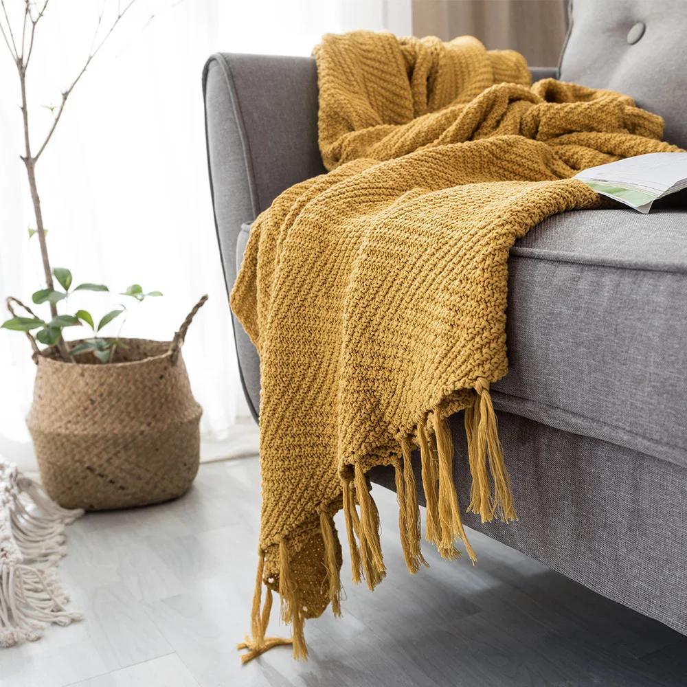 Senfgelbe Decke, Sofa-Strick-Überwurf, Decke, Quasten, Fransendecke, Reisen, 130 x 160 cm, für