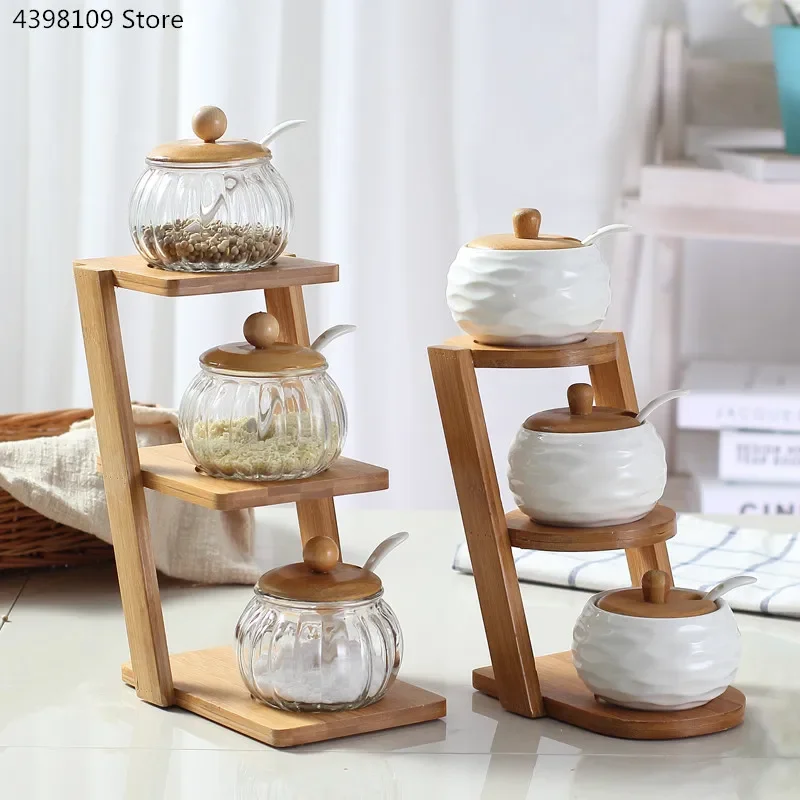 3 stück Set/Küche Liefert Keramik Gewürz Topf Pfeffer Salz Glas Menage Trapez Bambus Rack Tray Küche