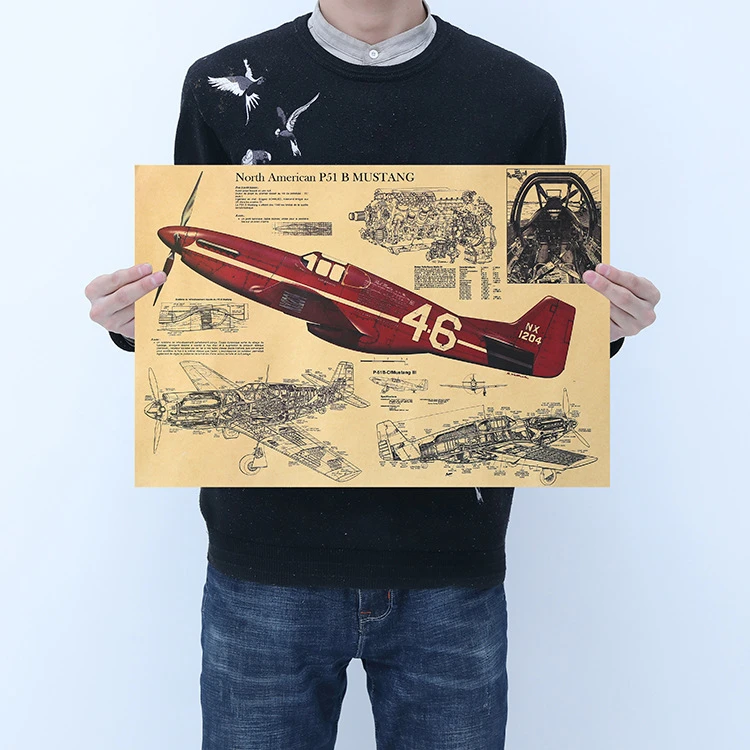 Vintage P51 Kämpfer Strukturelle Zeichnung Poster Zimmer Dekoration Aufkleber Wohnkultur Kraft