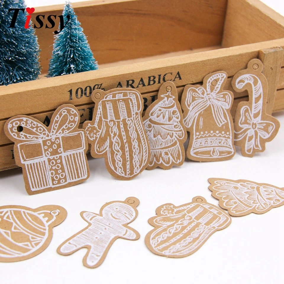 50PCS Weihnachten Serie Kraft Papier Tags Multi Arten DIY Handwerk Hängen Tag Mit Seil Weihnachten