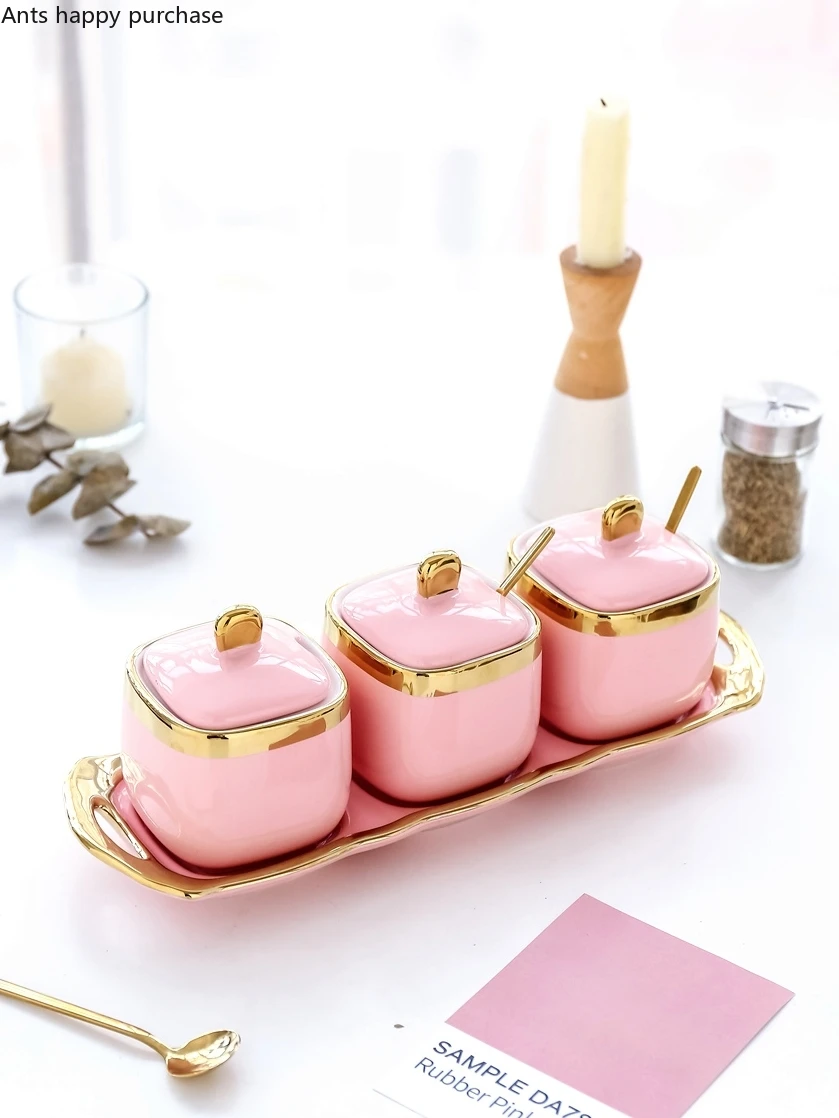 Nordic Licht Rosa Golden Rim Keramik Zucker Schüssel Salz Shaker Gewürz Tank Castor Gewürz Schüssel