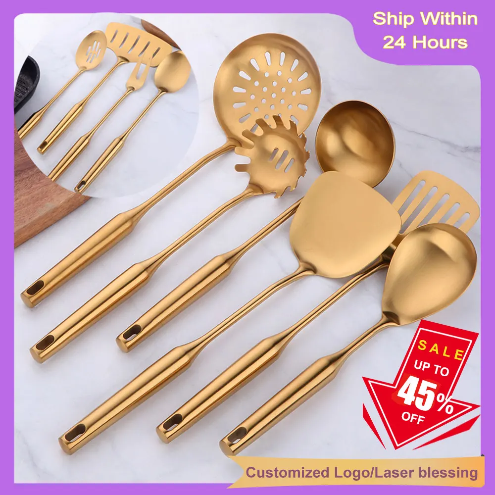 Gold kochgeschirr Edelstahl Kochen werkzeuge spachtel Schaufeln Turner Pfannen Löffel Sieb Filter