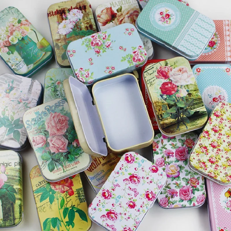 1PC Vintage Blume Druck Mini Zinn Box für Schmuck Hochzeit Gunsten Metall Candy Box Dekorative