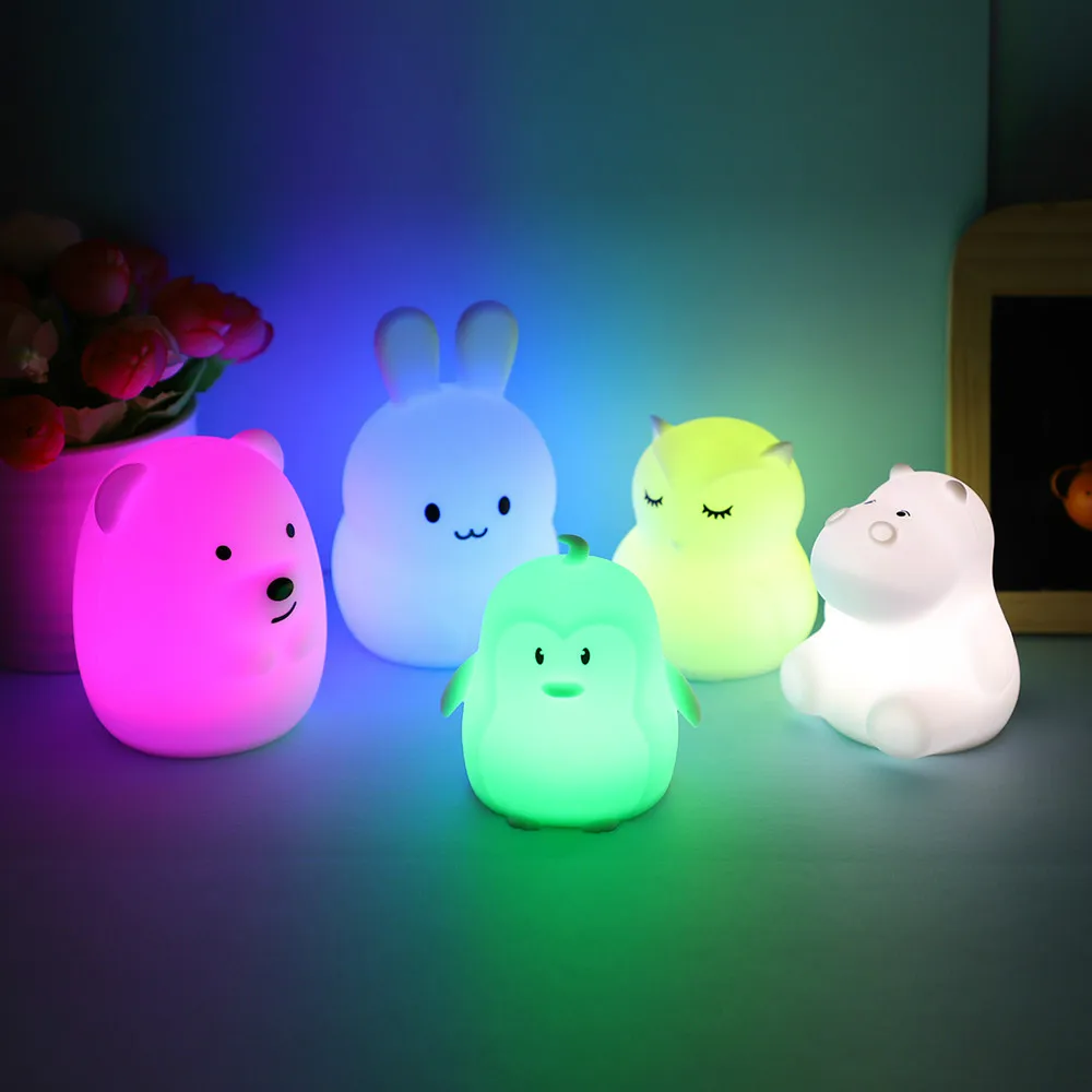 Cartoon Mini Bär Kaninchen Hippo LED Nacht Licht 9 Farben Silikon Bunny Tier Lampe Schlafzimmer