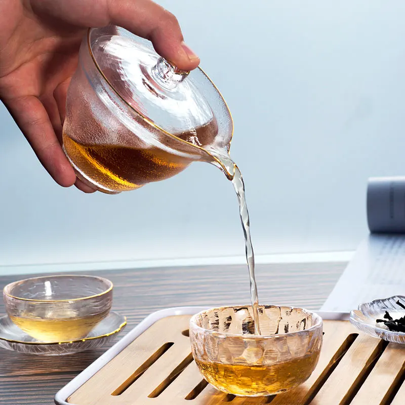 Gaiwan-Teetasse und Deckel aus Glas im japanischen Stil, goldbemalte Gongfu-Teeschale, chinesische