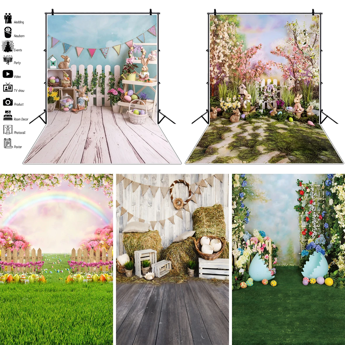 Laeacco Frühling Ostern Fotografie Hintergrund Grün Gras Blumen Ostern Eier Kind Porträt Holz Bord