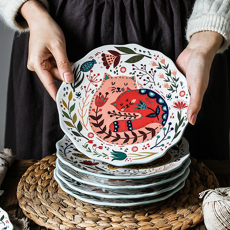 8 Zoll bunte Katze Essteller unter glasierte Keramik Abendessen Gerichte Dessert Tablett Blume