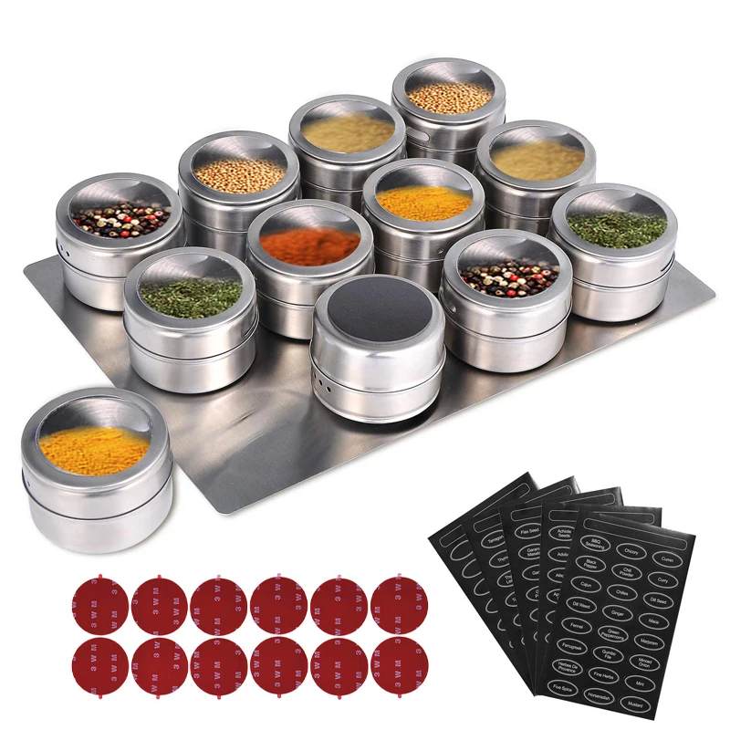 LMETJMA Magnetische Gewürz Gläser Mit Wand Montiert Rack Edelstahl Gewürz Dosen Gewürz Gewürz