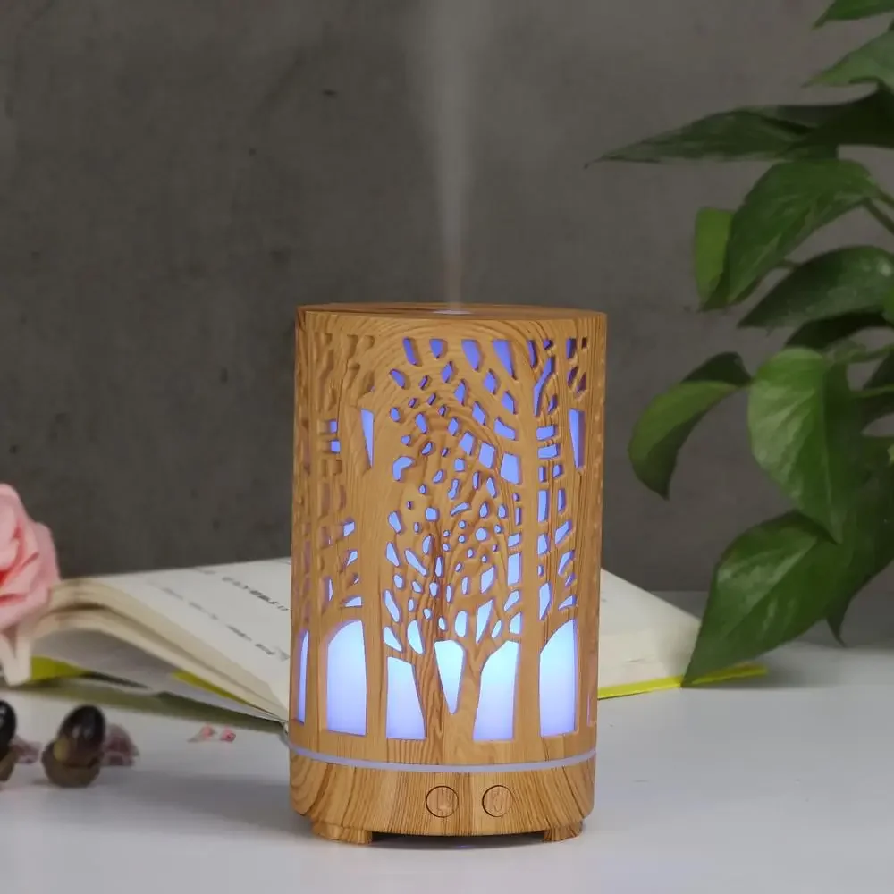 200ml Ultraschall-luftbefeuchter Wald Aroma Ätherisches Öl Diffusor Hallow Holzmaserung 7 Farbe LED