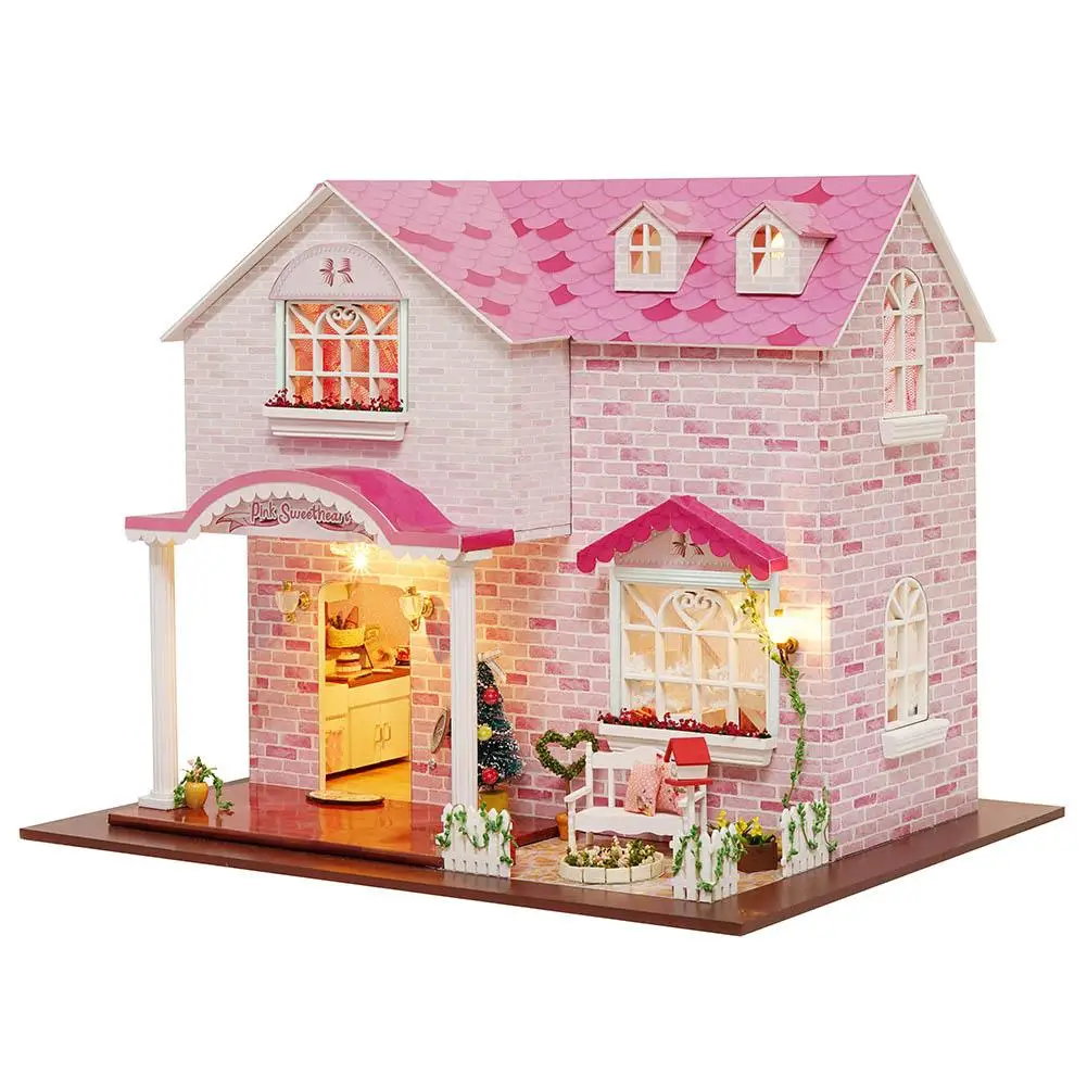 DIY Puppenhaus Möbel 3D Montage Dachboden Holz Miniatur Rosa Musik Puppe Haus Spielzeug Für Kinder