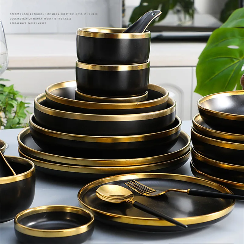 Gilt Rim Qualität Keramik Teller Set Porzellan Wichtigsten Gericht Tablett Dessert Salat Gerichte