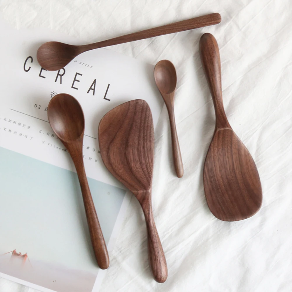 Black Walnut Holz Löffel Japanischen Stil Geschirr Hitze Beständig Lange Griff Scoop Kaffee Honig