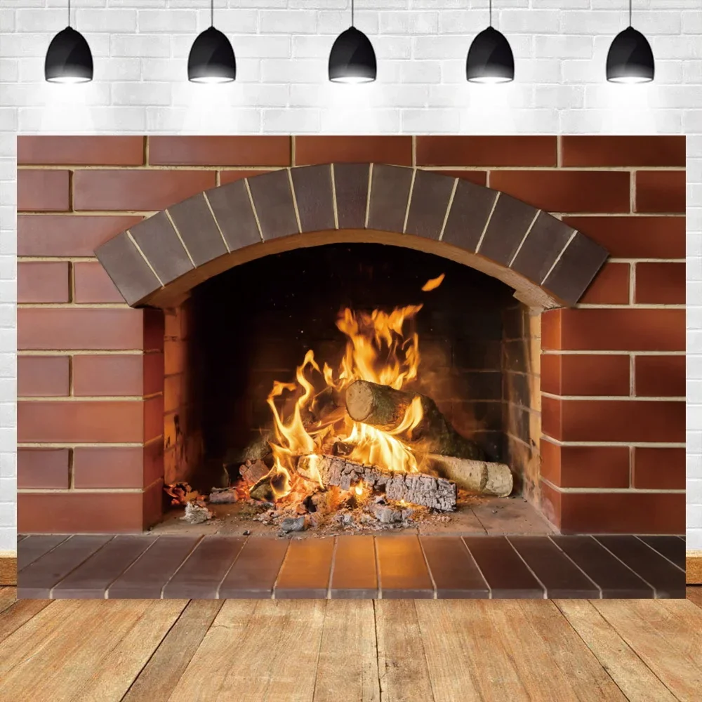 Vinyl Hintergrund Für Fotografie Ziegel Kamin Holz Brennenden Feuer Land Tapete Fotografie