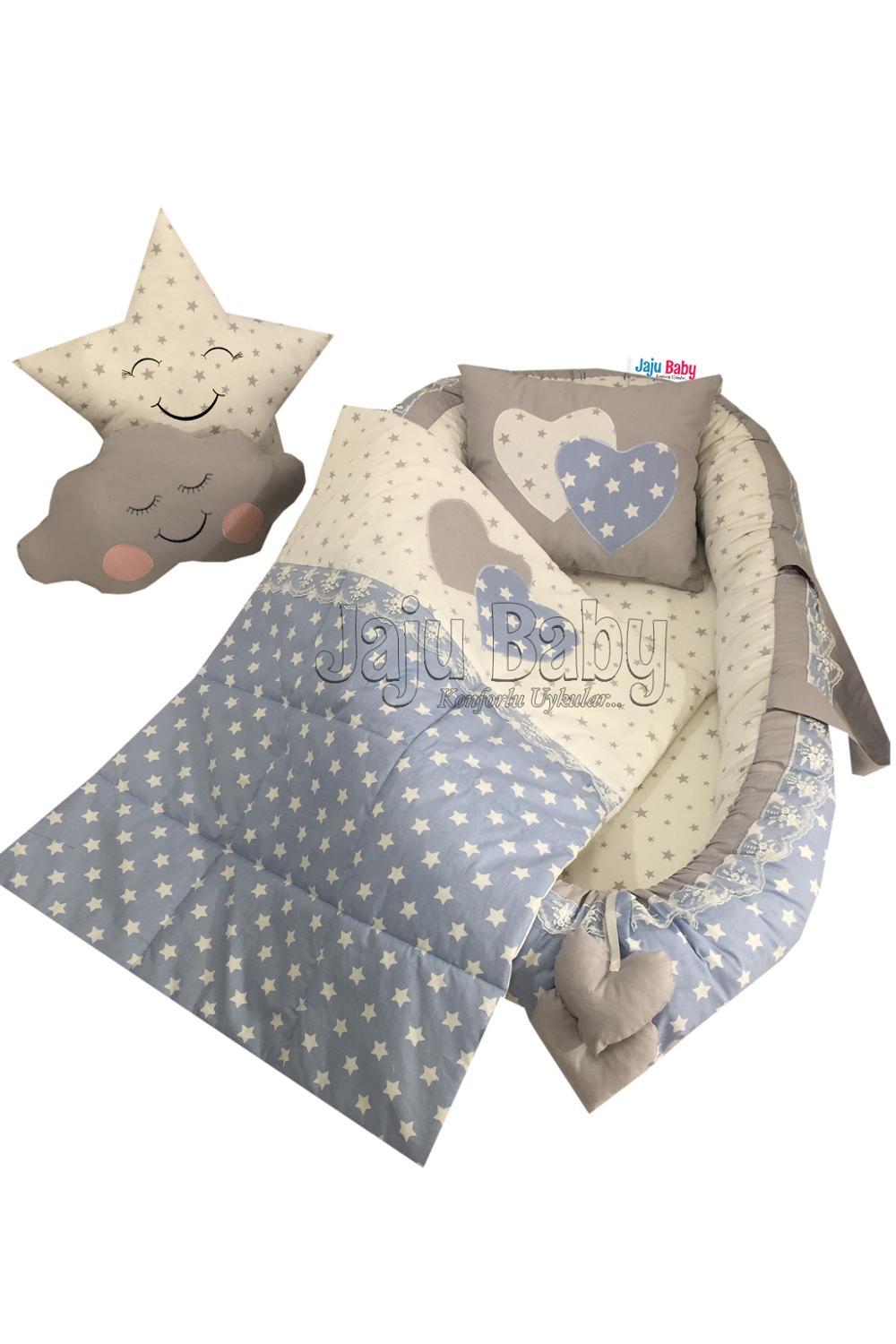 Jaju Baby Handmade Blue and Gray Star Design Orthopedic Luxury Babynest Set Baby Bedding Mother's Side Portable Baby Bed