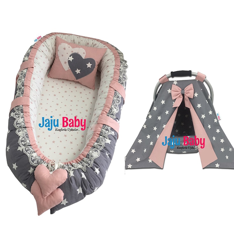 Jaju Baby Handmade, Gray Star Powder Design Babynest and Stroller Cover 4 Piece Baby Sleep Set Mother Side Portable Baby Bed
