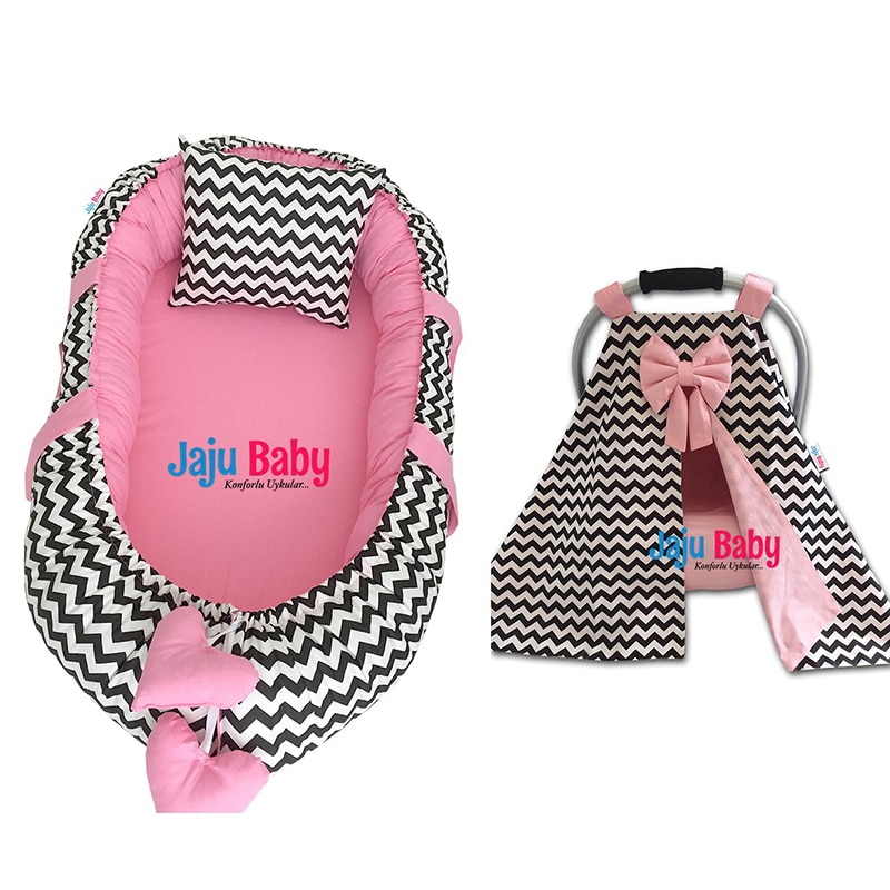 Jaju Baby Handmade Black Zigzag Pink Design Babynest and Stroller Cover 4 Piece Baby Sleep Set Mother Side Portable Baby Bed