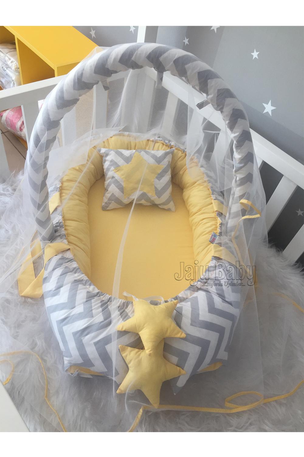 Jaju Baby Handmade Yellow and Gray Zigzag with Mosquito Net and Toy Hanger Luxury Design Babynest Mother Side Portable Baby Bed