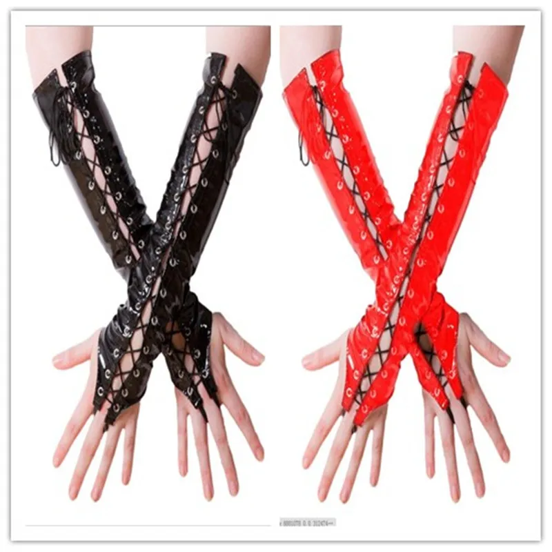 Sexy Lange Schwarz Rot PVC Frauen Hängen Handschuhe Damen Faux Leder Schnürung Handschuhe Nacht Club