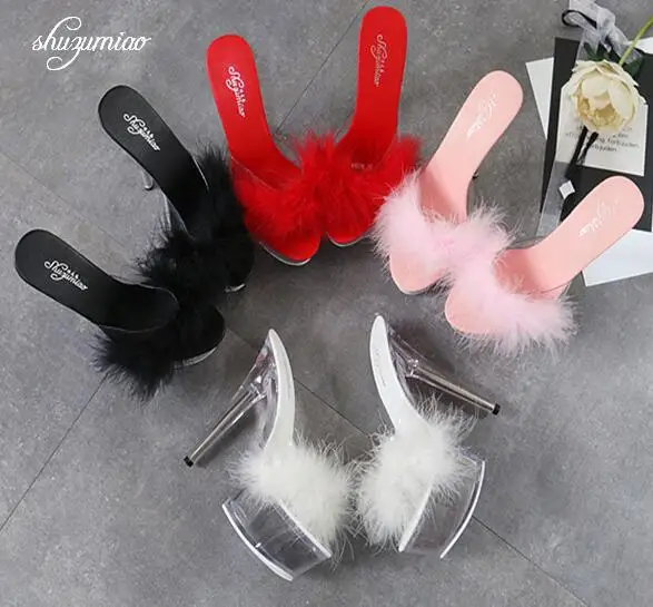 Schuhe Frauen 2019 Mao Mao Sexy Super Hohe Ferse 15CM Fein mit Wasserdichten Tabelle Hausschuhe Transparent Kristall Schuhe Hoch