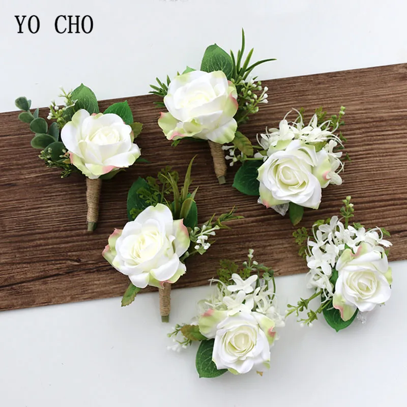 YO CHO Weiß Silk Rosen Corsagen Boutonnieres Hochzeit Dekoration Ehe Rose Handgelenk Corsage Pin