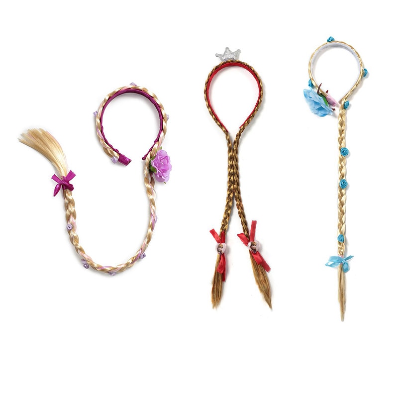 2020 New Blonde Cosplay Weaving Braid Tangled Elsa Headband Hair Girl Wig anna Kids Accessories Princess