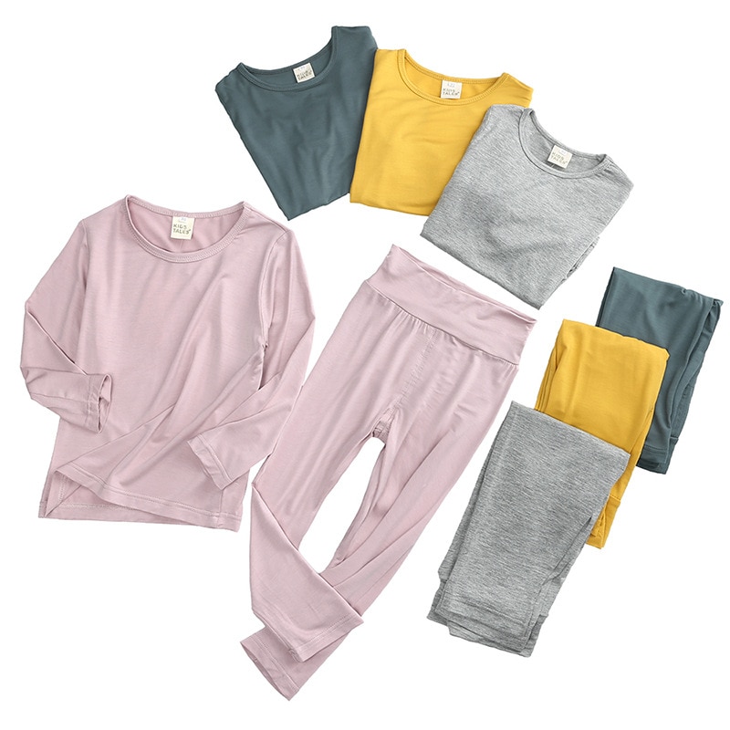 Autumn Solid Cotton Baby Kids Knitted Underwear Set Top High Waist Long Johns Children Sleepwear For Boys Girls Clothes