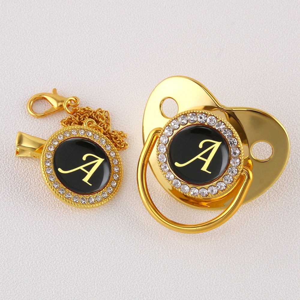 Luxury Golden Initial Letter A BlingBling Baby Pacifier Chain Clip BPA Free Dummy Nipple Food Grade Silicone Pacifier Soother
