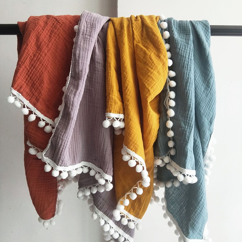 Muslin Swaddles Baby Blankets Ball Tassel Cotton Double Gauze Infant Towel Swaddling Photography Accessories Bedding For Newborn