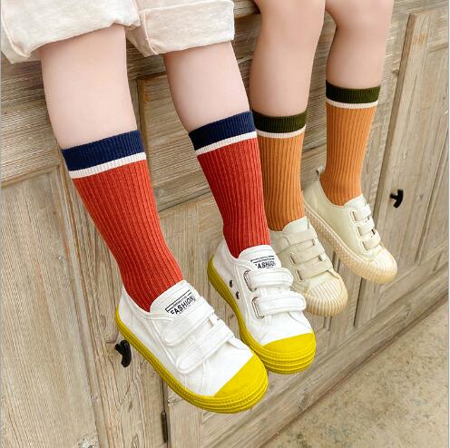 1-8 Year Autumn and winter color matching wide stripe double needle socks personality boys and girls tube socks