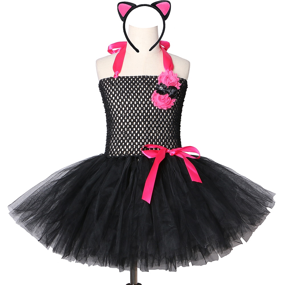 Tutu Dress Girl Pink and Black Girls Cat Tutu Dress Tulle Flowers Girl Birthday Halloween Party Costume Dress