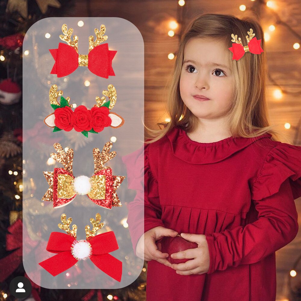 Baby Christmas Sequins Glitter Antlers Girl Bow Hairpin Elk Flower Hair Clips Flower Colorful BarrettesBebes Accesorios Headwear