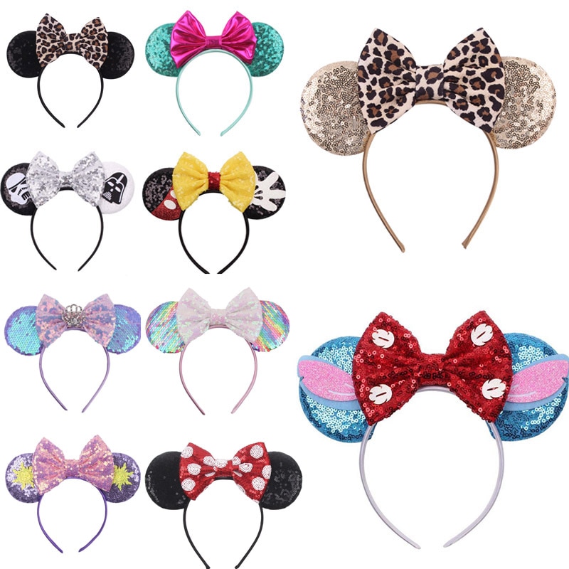 Disney 1pcs Mickey Ears Leopard Bow baby Hair Accessories Mickey Headband Children Headband Headdress Ggirl Gift Head Decoration
