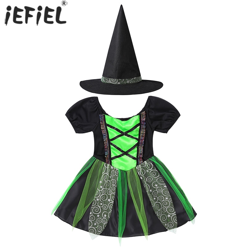 Kid Girl Witch Costume Shiny Gilttering Star Square Neck Mesh Tutu Dress and Pointed Hat Set Halloween Carnival Cosplay Dress Up