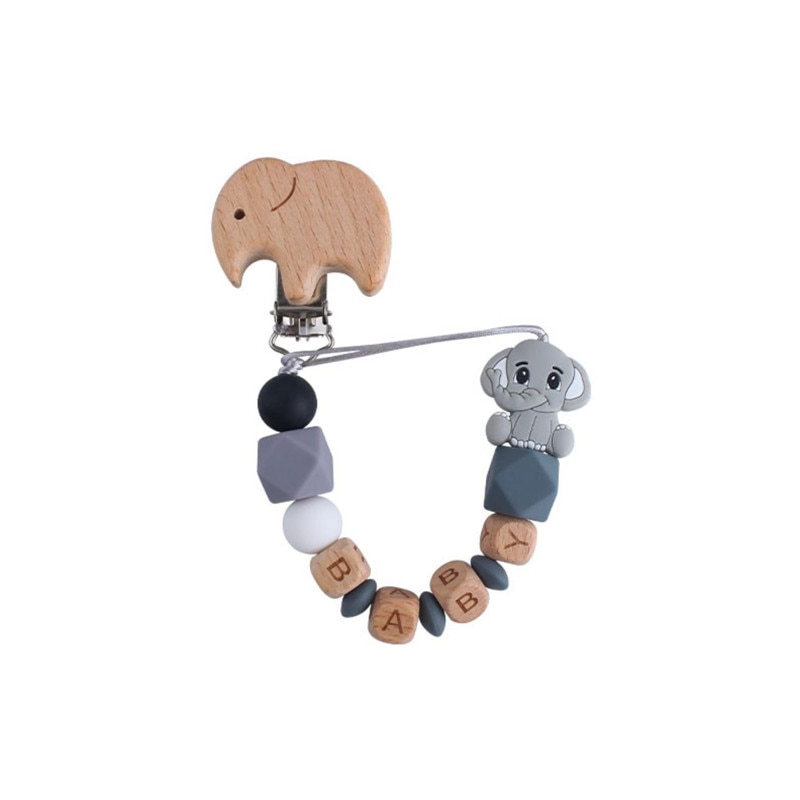 Customed Silicone Elephant Beads Wooden Pacifier Leash Personalized Pacifier Clip To Soothie With DIY Baby's Name Teething 