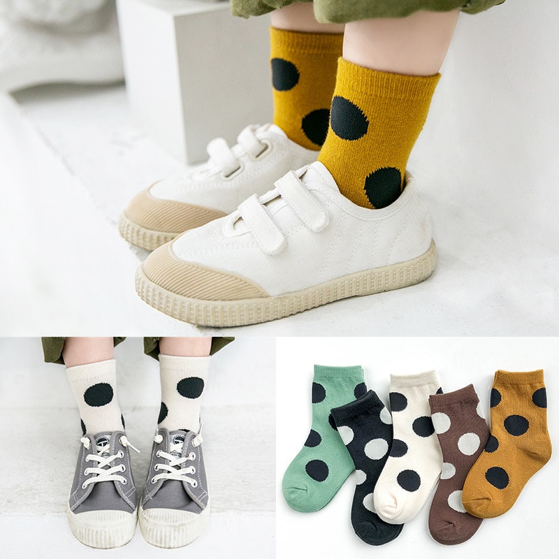 5-Pair Pack Boy Socks Cotton Socks Girl's Socks Autumn and Winter Big Polka Dot Color Matching Socks Children's Cotton