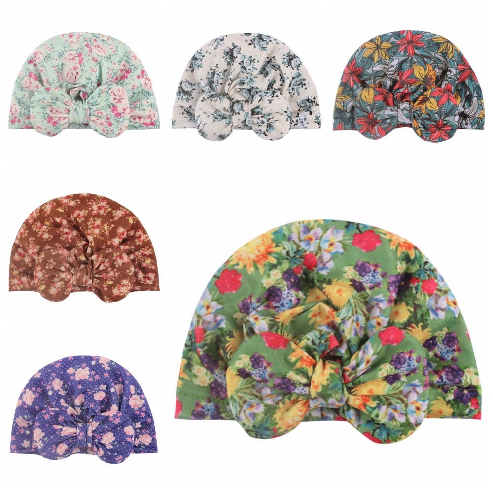 Yundfly Fashion Baby Girls Round Bowknot Turban Beanie Newborn Soft Floral Pattern Hat Children Hair Accessories